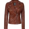 Nicholle Womens Cognac Asymmetrical Biker Leather Jacket