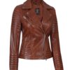 Nicholle Womens Cognac Asymmetrical Biker Leather Jacket