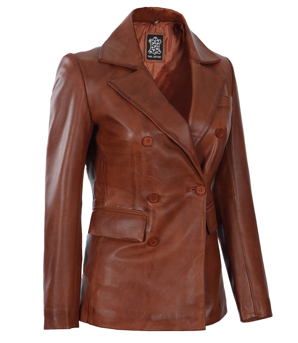 Breanna Women Double Breasted Cognac Leather Blazer Breanna Women Double Breasted Cognac Leather Blazer