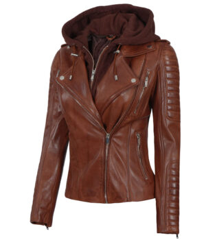 Bagheria Womens Cognac Leather Jacket with Removable Hood.