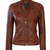 Johnson Women Cognac Quilted Motorcycle Leather Jacket