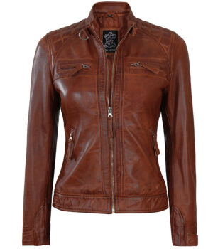Johnson Women Cognac Quilted Motorcycle Leather Jacket