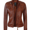 Johnson Women Cognac Quilted Motorcycle Leather Jacket