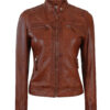 Johnson Women Cognac Quilted Motorcycle Leather Jacket