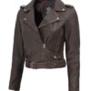 Women Brown Distressed Biker Cropped Leather Jacket