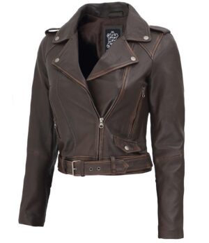 Women Brown Distressed Biker Cropped Leather Jacket