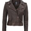 Women Brown Distressed Biker Cropped Leather Jacket