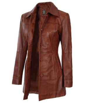 Kandis Womens Cognac Leather Car Coat