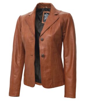 Womens Two Button Tan Leather Blazer Jacket