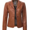 Womens Two Button Tan Leather Blazer Jacket