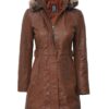 Womens Sherpa Hooded Zipper Button Down Brown Leather Long Coat