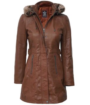 Womens Sherpa Hooded Zipper Button Down Brown Leather Long Coat