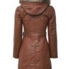 Womens Sherpa Hooded Zipper Button Down Brown Leather Long Coat