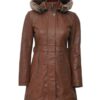 Womens Sherpa Hooded Zipper Button Down Brown Leather Long Coat