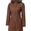 Womens Sherpa Hooded Zipper Button Down Brown Leather Long Coat