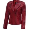 Womens Biker Asymmetrical Maroon Padded Leather Jacket