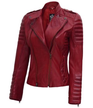 Womens Biker Asymmetrical Maroon Padded Leather Jacket