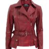 Womens Maroon Asymmetrical Leather Biker Jacket