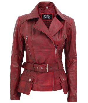 Womens Maroon Asymmetrical Leather Biker Jacket