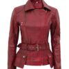 Womens Maroon Asymmetrical Leather Biker Jacket