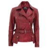 Womens Maroon Asymmetrical Leather Biker Jacket