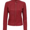 Women Red Quilted Cafe Racer Leather Jacket