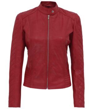 Women Red Quilted Cafe Racer Leather Jacket