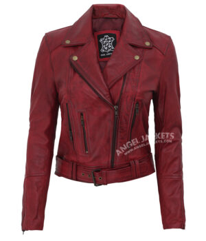 Elisa Women Maroon Leather Asymmetrical Jacket