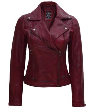 Kimberley Womens Quilted Leather Motorcycle Maroon Jacket