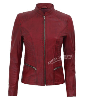 Womens Cafe Racer Maroon Leather Jacket
