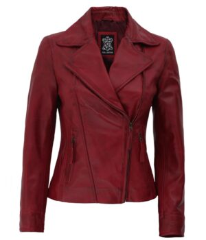 Ramsey Womens Maroon Asymmetrical Slim Fit Leather Jacket