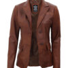Womens Brown Two Button Leather Blazer Jacket