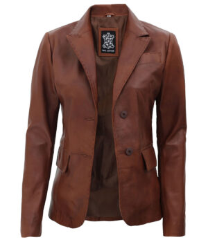 Womens Brown Two Button Leather Blazer Jacket