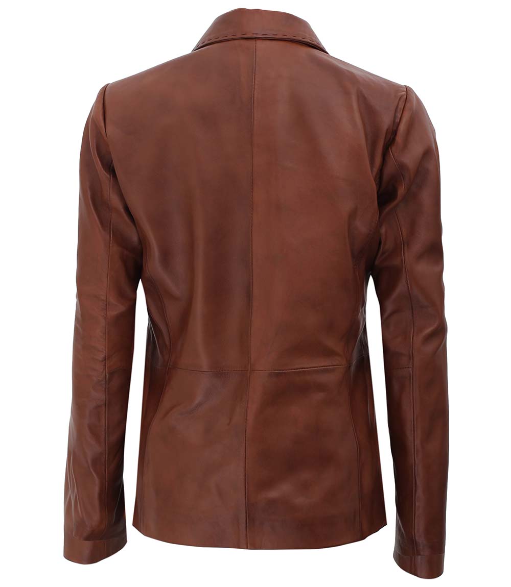 Womens Brown Two Button Leather Blazer Jacket Womens Brown Two Button Leather Blazer Jacket