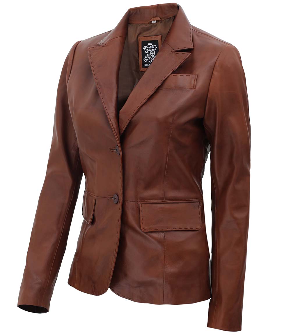Womens Brown Two Button Leather Blazer Jacket Womens Brown Two Button Leather Blazer Jacket