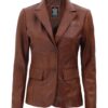 Womens Brown Two Button Leather Blazer Jacket Womens Brown Two Button Leather Blazer Jacket