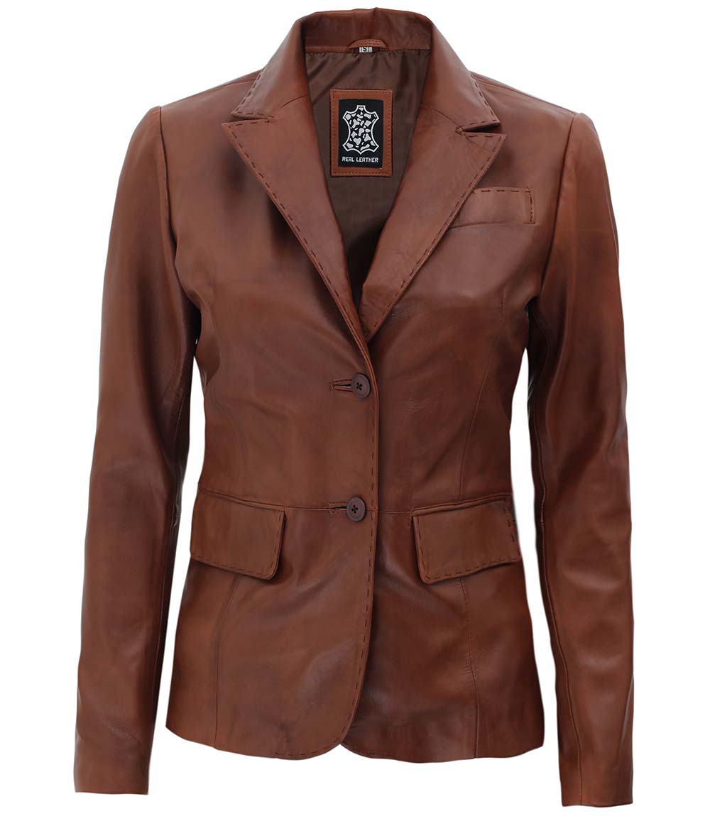 Womens Brown Two Button Leather Blazer Jacket Womens Brown Two Button Leather Blazer Jacket