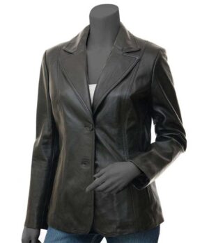 Womens Black Two Button Leather Blazer Jacket
