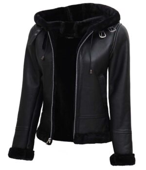 Womens Black Fur Hooded Leather Jacket