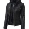 Womens Black Leather Jacket With Removable Hood