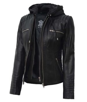 Womens Black Leather Jacket With Removable Hood