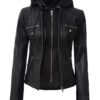 Womens Black Leather Jacket With Removable Hood
