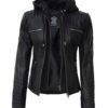 Womens Black Leather Jacket With Removable Hood