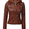 Bagheria Womens Tan Leather Jacket with Removable Hood.