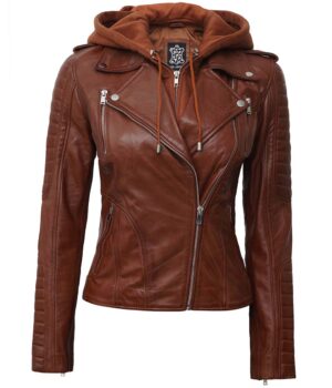 Bagheria Womens Tan Leather Jacket with Removable Hood.