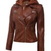 Bagheria Womens Tan Leather Jacket with Removable Hood.