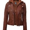 Bagheria Womens Tan Leather Jacket with Removable Hood.