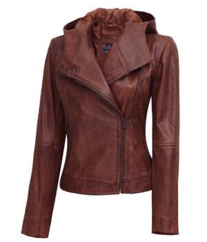 Cidra Women Cognac Hooded Asymmetrical Leather Jacket