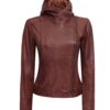 Cidra Women Cognac Hooded Asymmetrical Leather Jacket