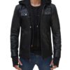 Mens Black Bomber Leather Jacket with Removable Hood